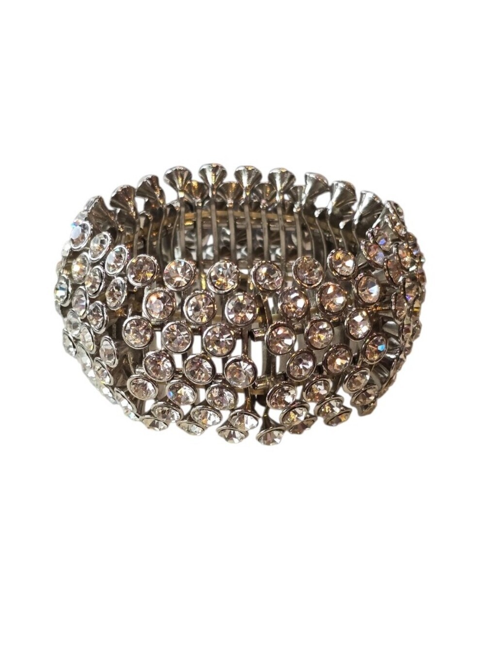 Crystal Bezel Set Silvertone Metal Flexible Stretch Bracelet